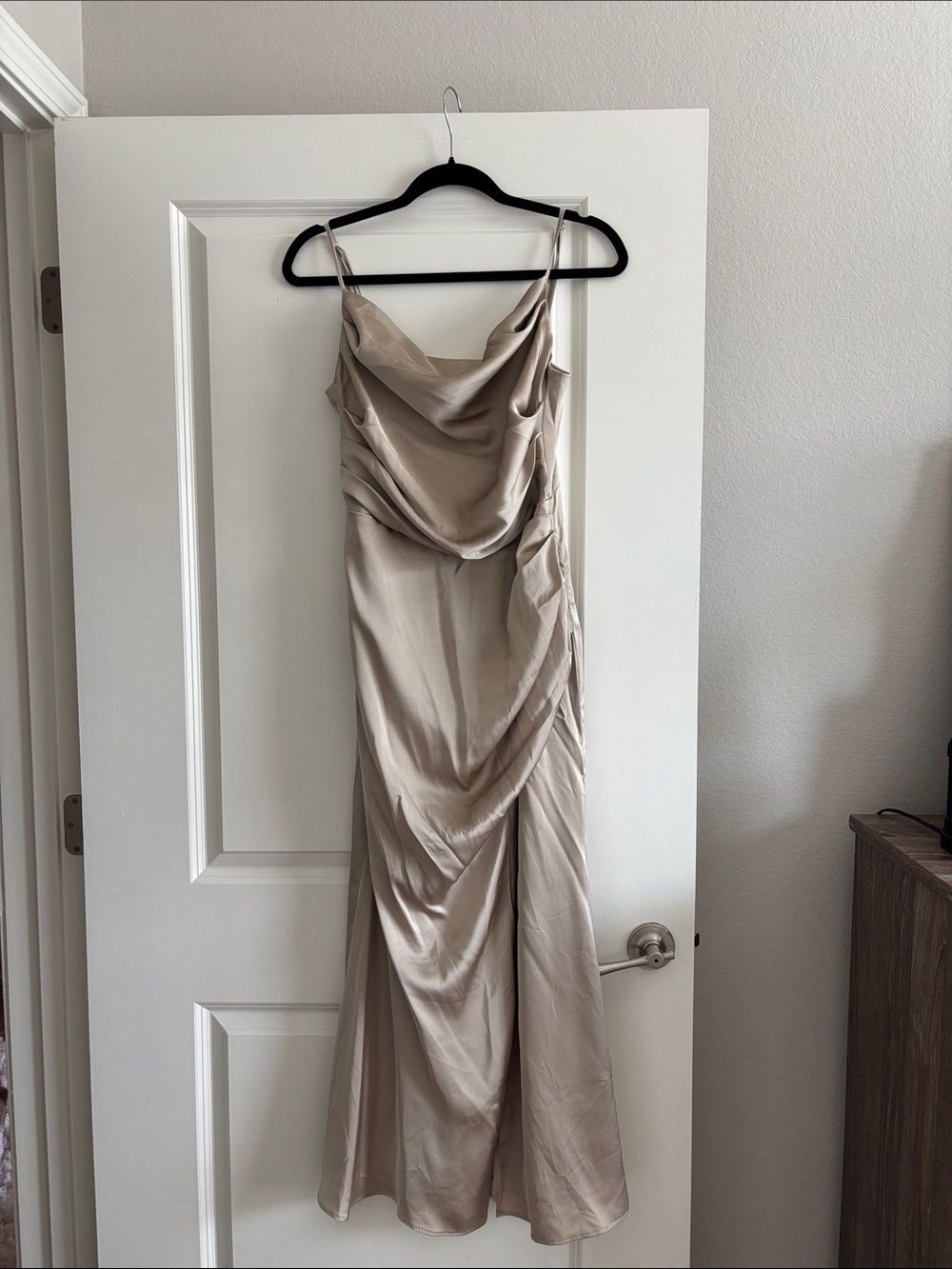Birdy Grey Satin Cowl Slip Dress in Taupe